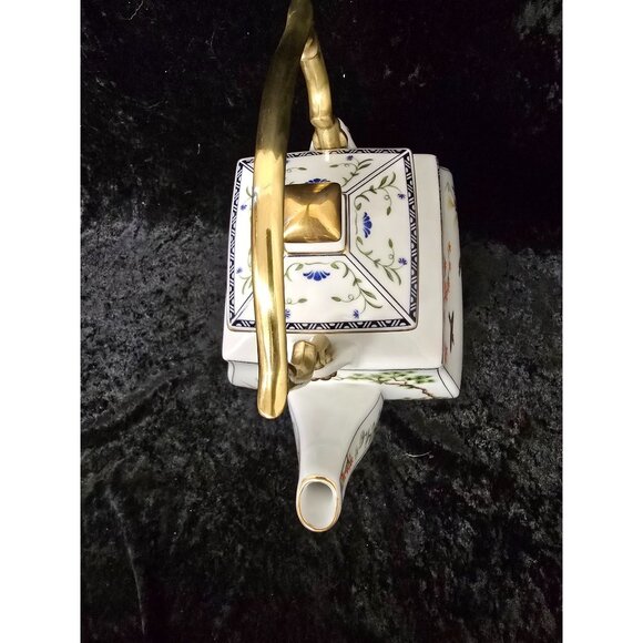 Franklin Mint Birds & Flowers Orient Teapot Square Ceramic Stand Gold Accents - Picture 6 of 10